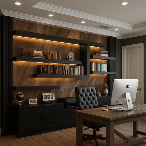 Home office with a wood slat wall, dark built-in cabinetry, floating shelves and a leather desk chair.